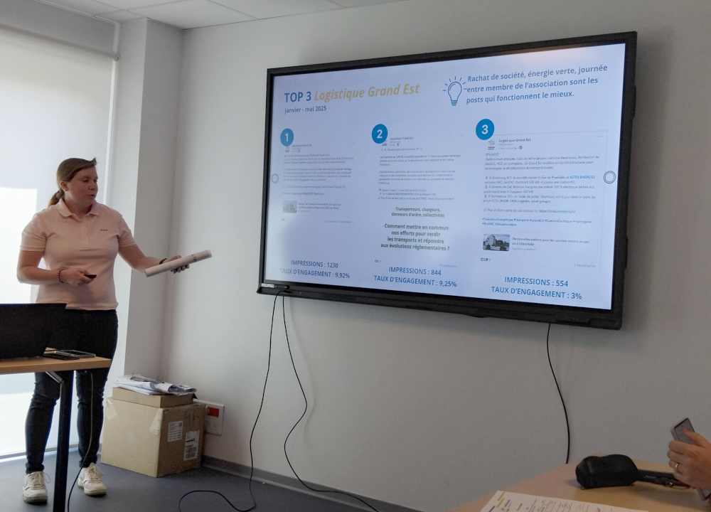 Claire Lamy-Grandidier (EDI THEMA) présente les chiffres clés des publications, vues et interactions sur logistique-grandest.fr et LinkedIn